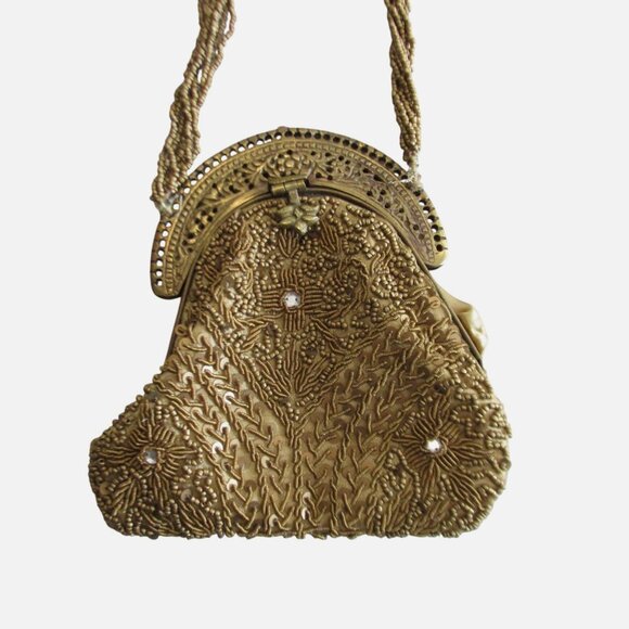 Antique Gold Beaded Purse Bag Brass Frame Silk Lining - Picture 2 of 10
